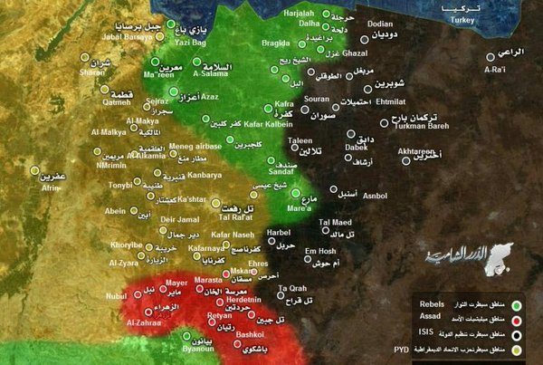 Geçtiğimiz bir hafta içerisinde Suriye ordusu ve YPG'nin ilerleyişi (Kırmızı alanlar Suriye devletinin denetimindeki bölgeleri, yeşil alanlar Nusra Cephesi gibi cihatçı çetelerin kontrolündeki bölgeleri, sarı alanlar Kürt bölgelerini ve siyah alanlar IŞİD'in elindeki bölgeleri gösteriyor)