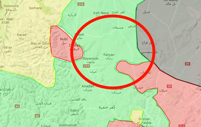 Kırmızı bölgeler Suriye'nin, yeşil bölgeler cihatçı çetelerin kontrolündeki yerleri gösteriyor. Suriye Arap Ordusu, cihatçıların kontrolündeki yuvarlak içerisinde gösterilen bölgenin büyük bir kısmını kurtarmış durumda