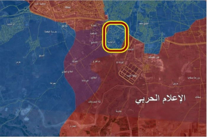 Ramuse: Yuvarlak içine alınmış bölge. Soldaki mor bölgeler: Ordunun son birkaç günde aldığı ve kuşatmayı sağladığı bölgeler. (Harita Al Masdar haber sitesinden alınmıştır.)