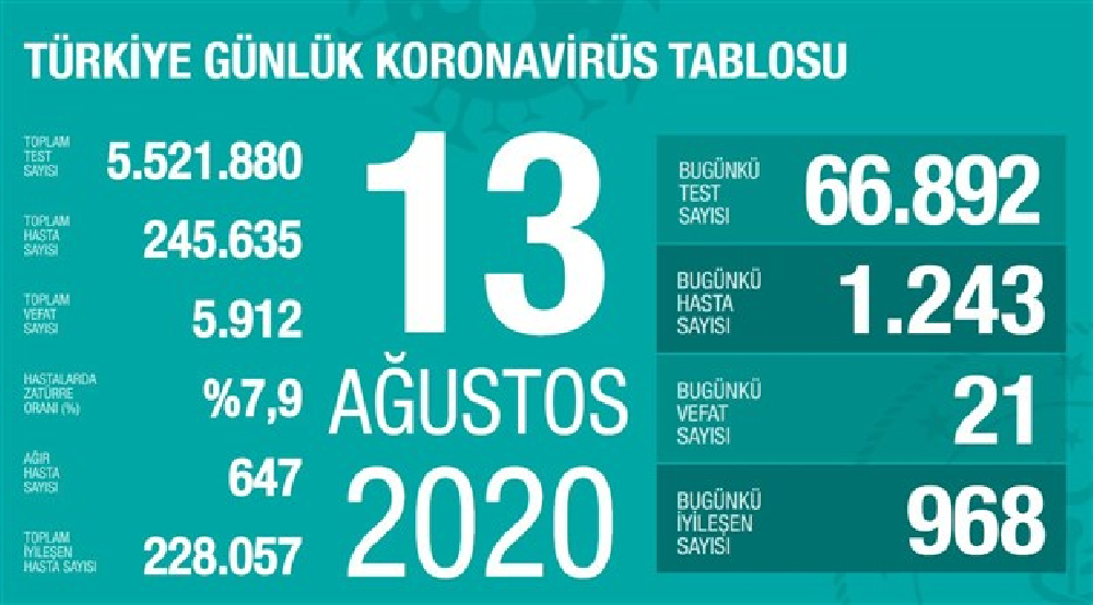 Türkiye'de son 24 saatte 1243 kişiye koronavirüs tanısı konuldu