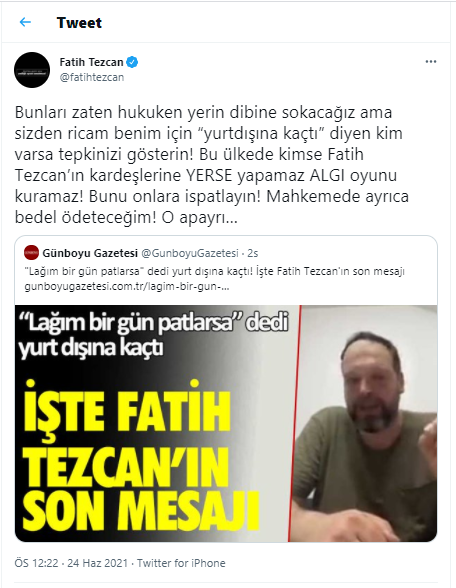 Yurt dışına kaçtığı iddia edilen Fatih Tezcan'dan açıklama
